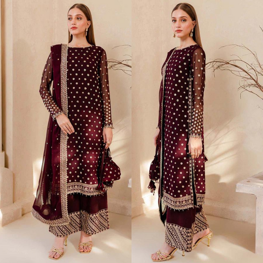 zab960 Winter Unstitched 3PCs Embroidered Velvet Dress With Embroidered Organza Dupatta