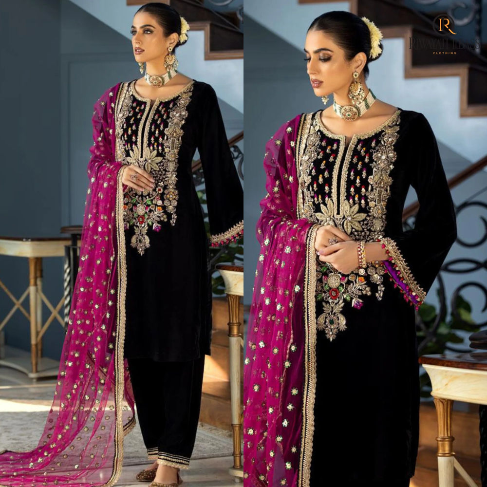 zab964 Winter Unstitched 3PCs Velvet Dress With Embroidered Organza Dupatta