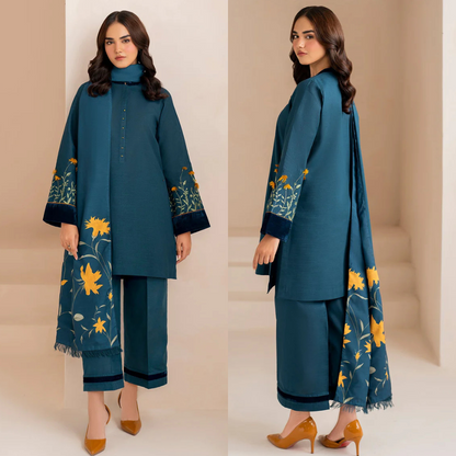 zab860 3pcs Shirt embroidered Sleeve embroidered Dhanak embroidered shawl
