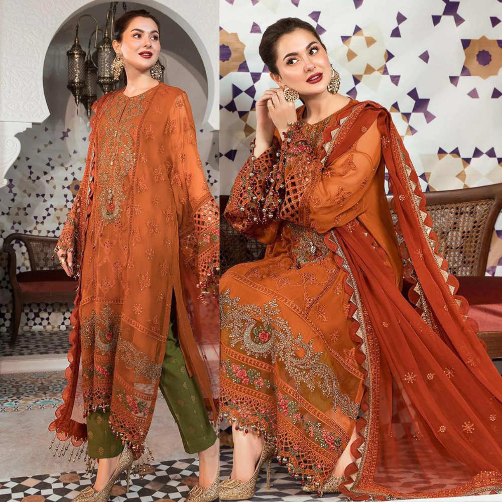 ZAB543 Maria .B 3PC Linen full embroidered front piece for shirt sleeves embroidered With Bamber chiffon embroidered dupatta