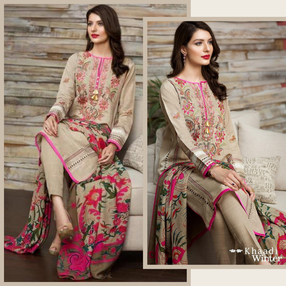Zab2019 Khaadi Pink-Embroided 3PC Dhank Dress with wool shawl