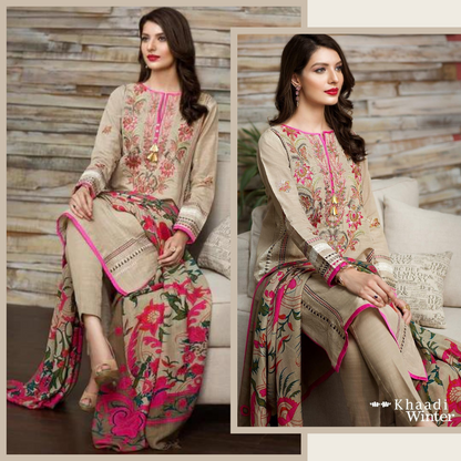 Zab2019 Khaadi Pink-Embroided 3PC Dhank Dress with wool shawl