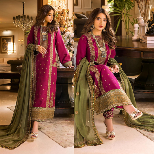 ZAB536 Asim Jofa, unstitched 3 piece embroidered Dhanak suit