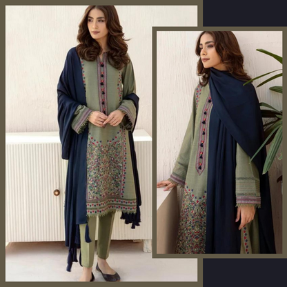 ZAB2021 3pc Winter Embroidered khaddar Shirt With Bumble Wool Shawl