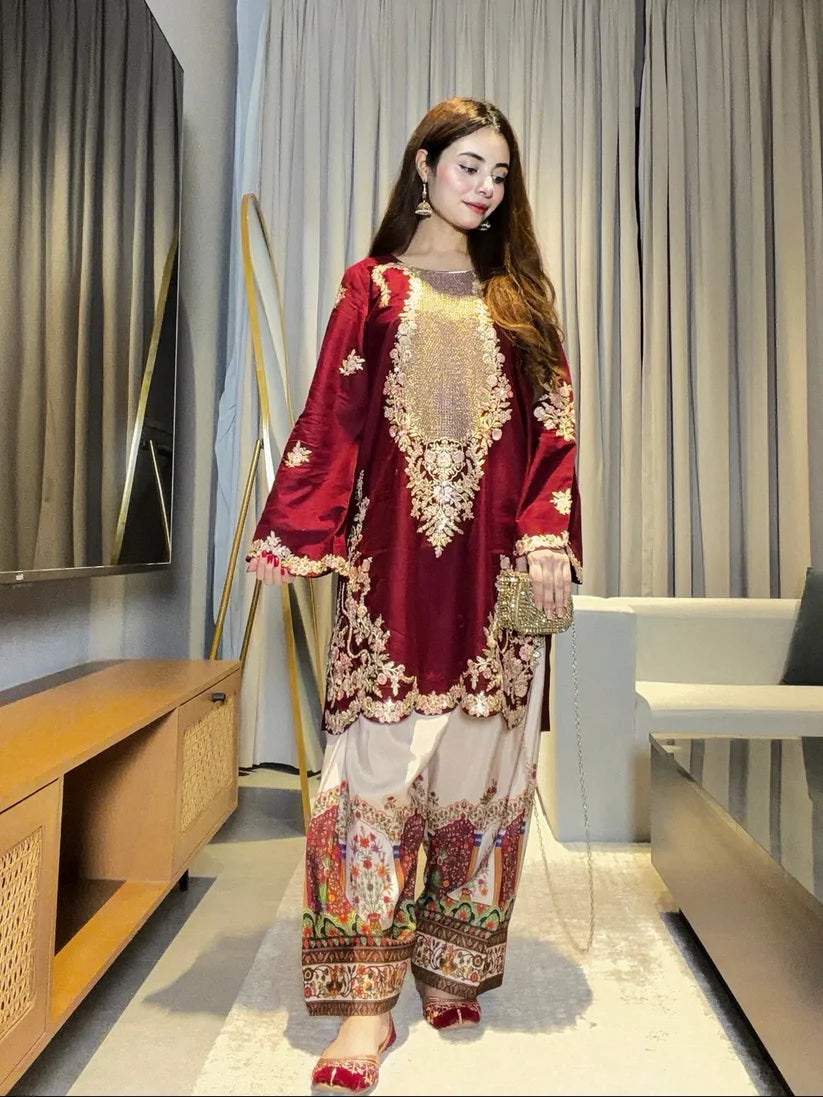 Ethnic - 2-Pc Embroidered Silk Suit - Sw1507