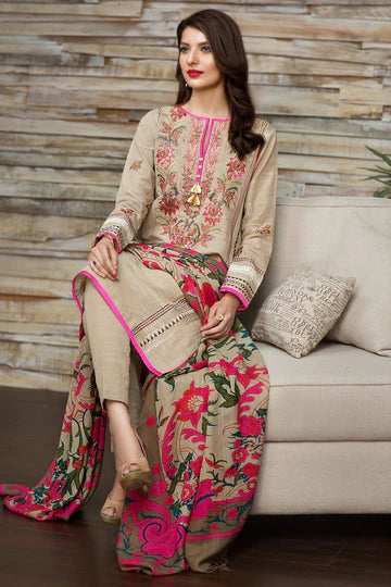 Zab2019 Khaadi Pink-Embroided 3PC Dhank Dress with wool shawl