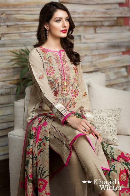 Zab2019 Khaadi Pink-Embroided 3PC Dhank Dress with wool shawl